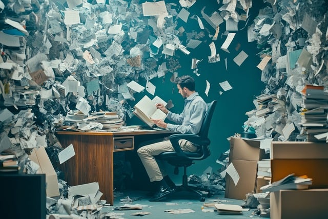 Ein Mann sitzt an einem überfüllten Schreibtisch, umgeben von Akten, die durch die Luft wirbeln – ein Bild für kollektiven Dauerstress, Überforderung und den Druck ständiger Leistung.